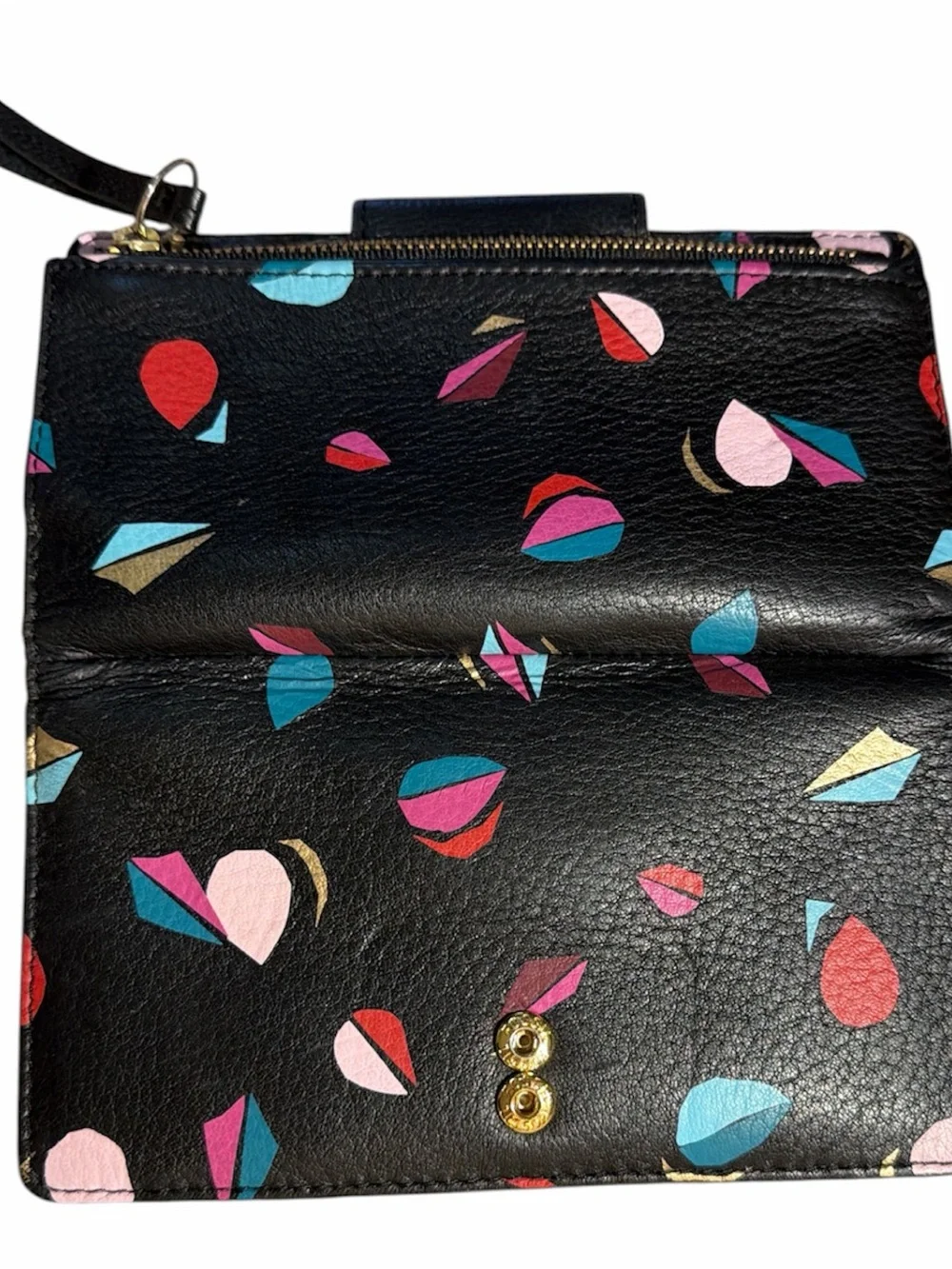 Fossil Black Leather Continental Wallet with Multicolor Teardrop Motif
